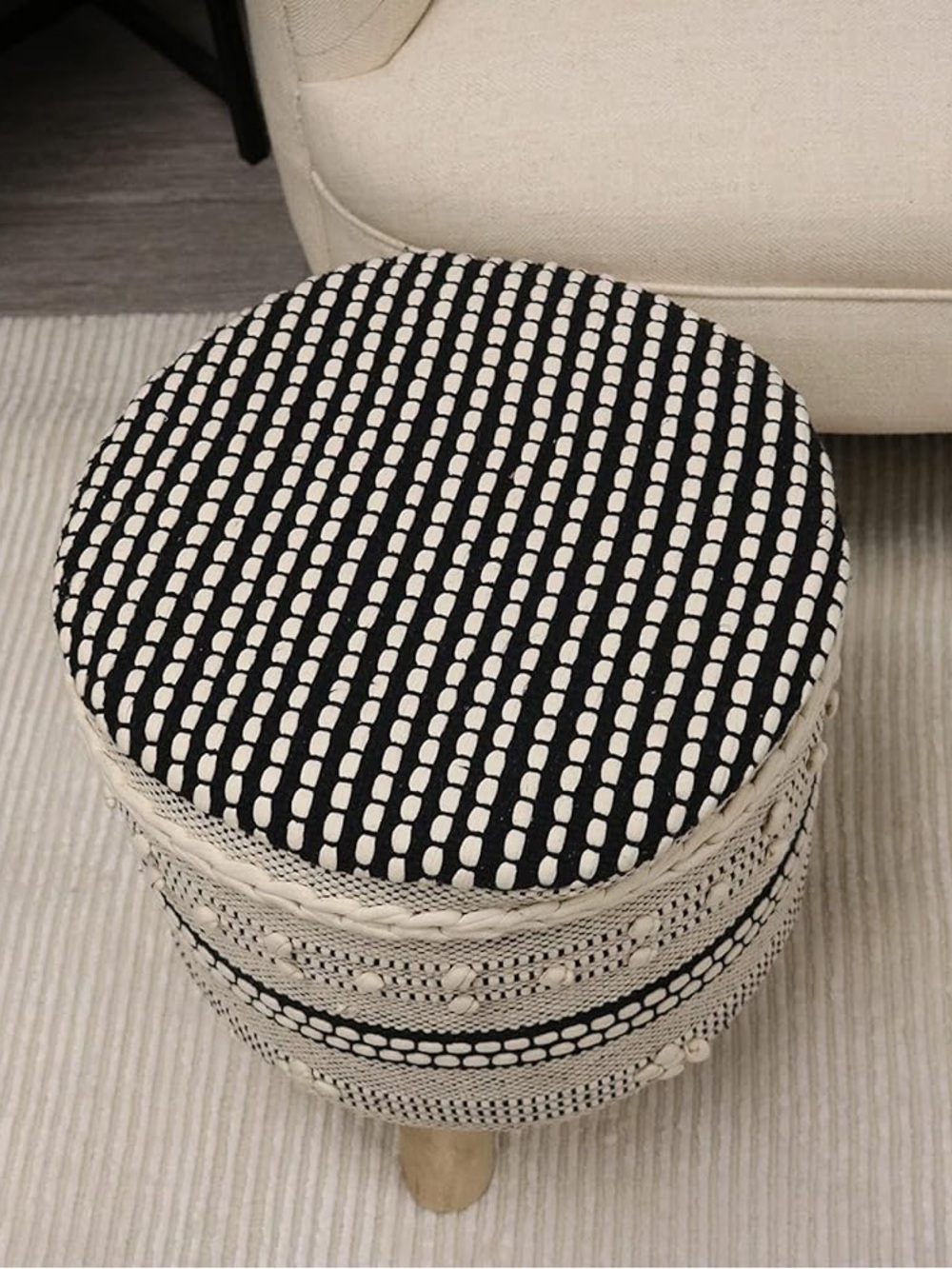 Handcrafted woven boho black and cream Pom Pom wood legs stool seat table NWT - Picture 11 of 14